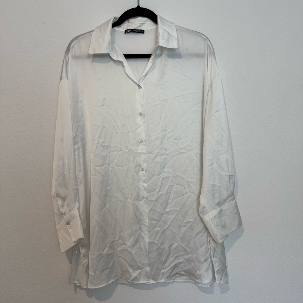 ZARA White Satin Flowy Oversized Long Sleeve Button Down Shirt